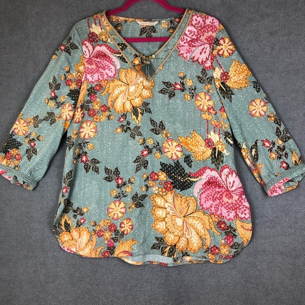Soft surroundings floral boho cottagecore tassel tunic top size S